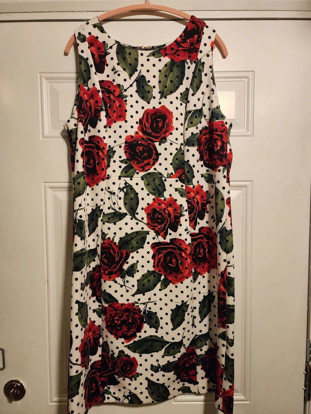 Shelby & Palmer White Midi Dress with Red Rose Print/Green Leaves/ Polka Dots